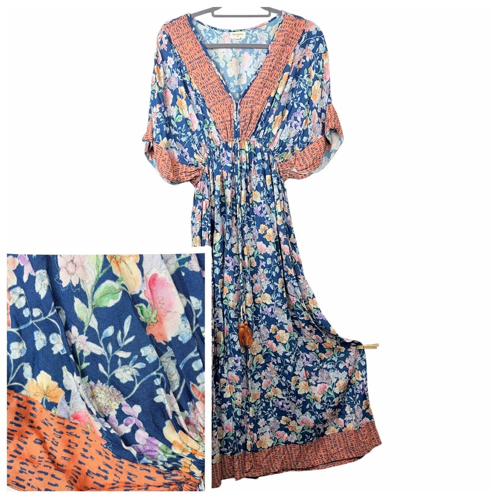 World Market Floral Boho Maxi Dress Sz Small -  Medium Kimono Sleeve Tassel Tie